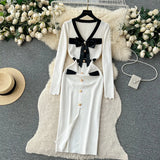SINGREINY Office Lady Sweater Long Dress 2023 Bow Single Breasted Elastic Split Women Autumn Dress Fashion Senior Knitted Dress