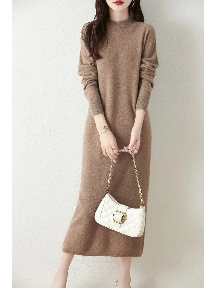 Autumn Winter Women's Wool Long Dress Cashmere Mock Neck Pullover Sweater 100% Merino Wool Soft Knitwear OL Simple Basic Dress - Lootquake
