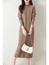 Autumn Winter Women's Wool Long Dress Cashmere Mock Neck Pullover Sweater 100% Merino Wool Soft Knitwear OL Simple Basic Dress - Lootquake