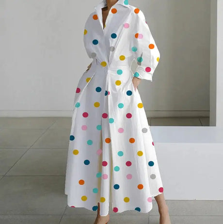 Autumn Dress Long Sleeve Dot Print Elegant Maxi Dresses For Women 2023 White Casual V Neck Shirt Party Long Dress Robe Femme - Lootquake