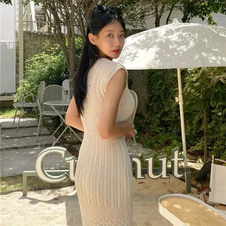Summer High Quality Korean Simple Hollow Out Vest Knit Sweater Dress Women Japanese Gentle V-Neck Slim Elastic Knit Long Dress - Lootquake