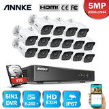 Sistema de seguridad CCTV DVR ANNKE H.265+ 5MP Ultra HD de 16 canales, 16 cámaras de visión nocturna EXIR de 5MP para exteriores, kit de videovigilancia