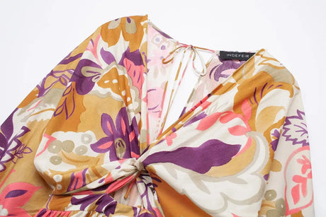 TRAFZA Vintage Flower Print Long Dress Women V Neck Short Sleeve Hollow Out Sexy Beach Dress Fashion 2024 Summer Holiday Dress - Lootquake