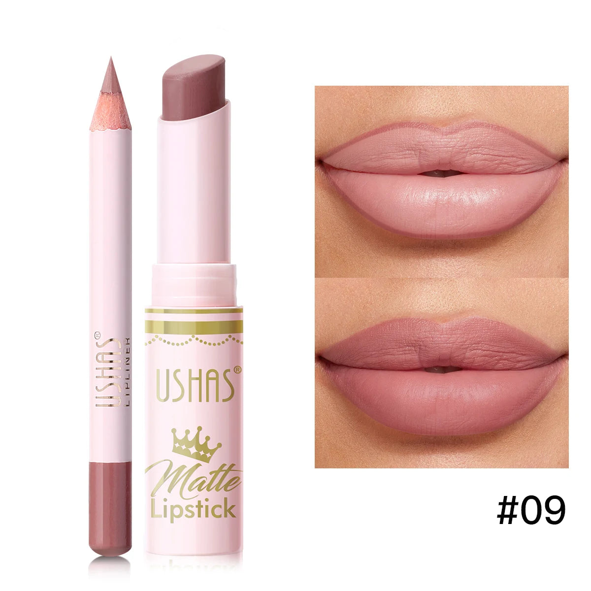 USHAS,Lipstick + lip liner set, matte finish, waterproof, long-lasting and non-staining, velvet nude lip gloss