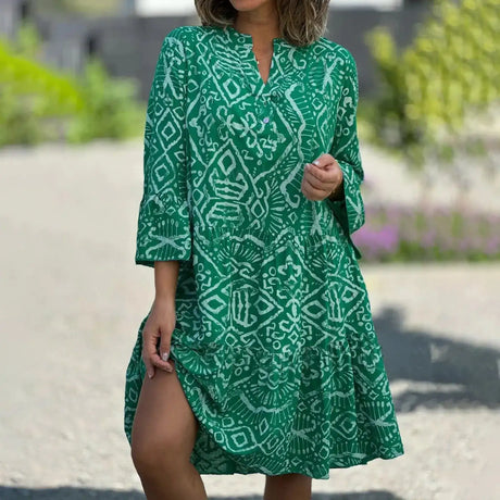 Women Floral Print Maxi Dress Fashion Casual V Neck Long Dress Plus Size Summer Boho Dress Ruffle Three Quarter Sleeves Dresses - Lootquake