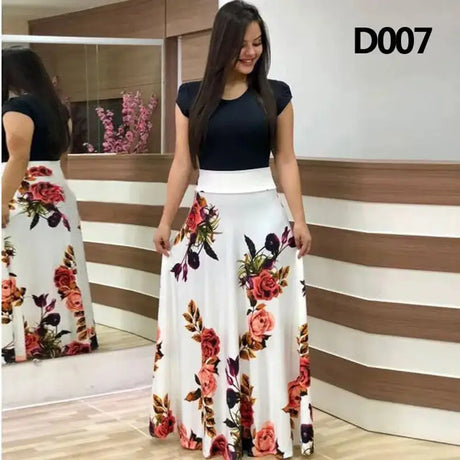 Women Floral Dot Print Patchwork Long Dress Summer Casual Short Sleeve O-Neck High Waist Robe Boho Beach Maxi Sundress Vintage - Lootquake