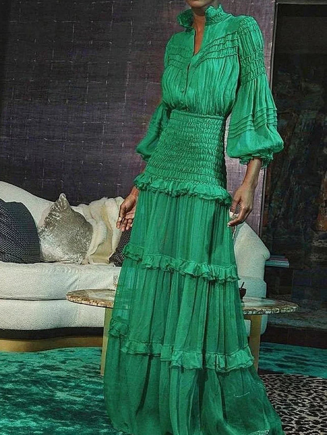 Elegant Long Dress Women Spring Autumn Stand Collar Lantern Sleeve Dress Female Ruffle Tiered Maxi Dress Vestidos Femmes 2025 - Lootquake