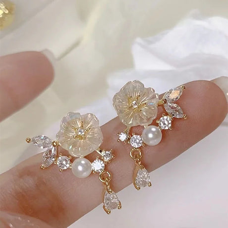 Kiss Jewelry Cute Sweet Flower Round Shape Pearl Rhinestone Stud Earrings for Women Tulip Floral Korean Fashion Earring Gift - Lootquake