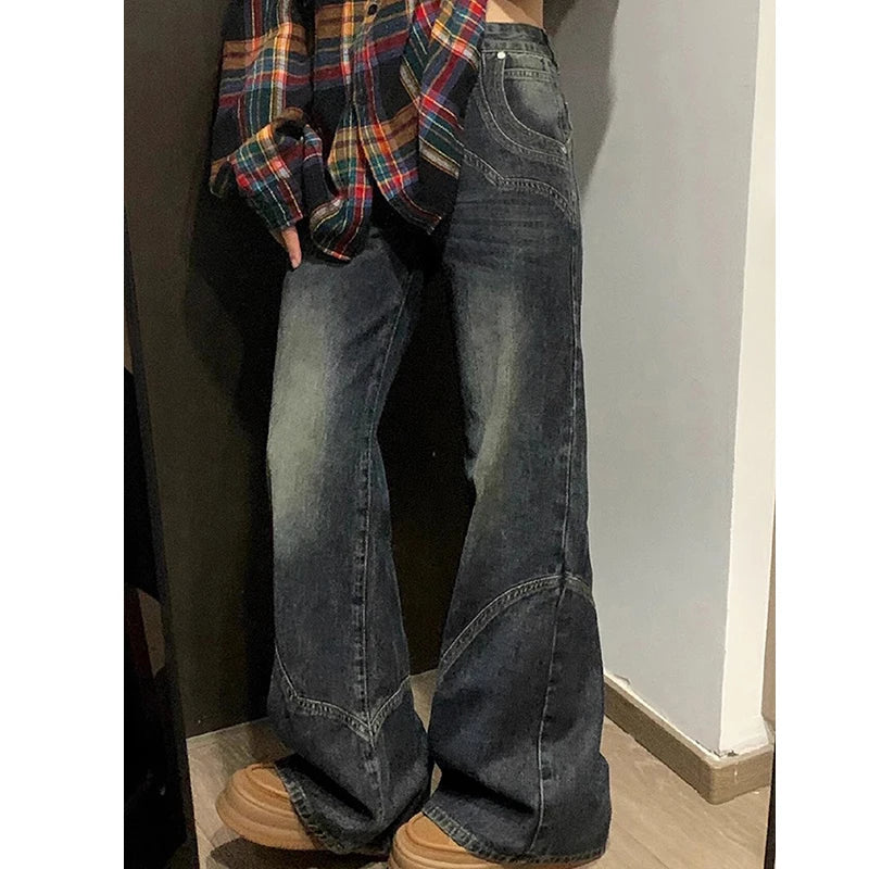 Y2K Spicy Girl Dark Series Wide Leg Jeans Women's New High Street Splicing Loose High Waist Slimming Flare  Pants - Lootquake