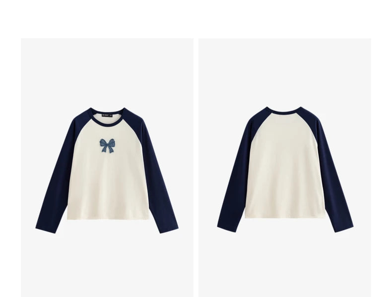 TOYOUTH Women T-shirt 2024 Autumn New Denim Bow Contrasting Color Raglan Sleeve Pullover Casual Tops