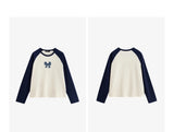 TOYOUTH Women T-shirt 2024 Autumn New Denim Bow Contrasting Color Raglan Sleeve Pullover Casual Tops