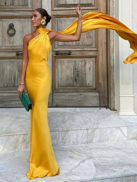 Elegant Satin Halter Slim Long Dress With Scarf Women New Sexy Backless Sleeveless Maxi Dresses Summer Lady Party Chic Vestidos - Lootquake