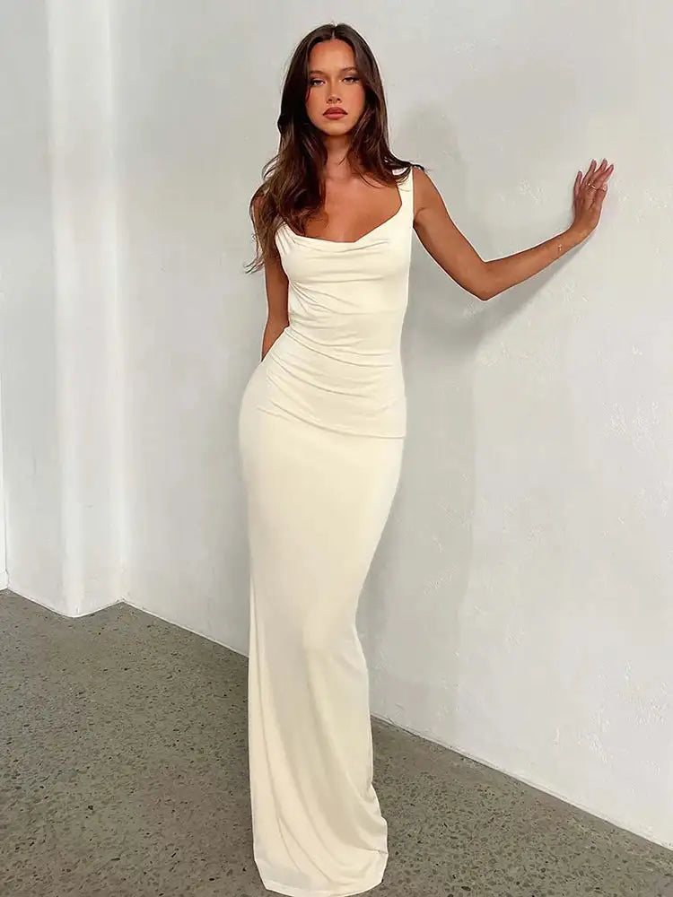 Sibybo Fashion Elegance Sleeveless Backless Long Dress Basics Solid Color Skinny Robe 2024 Temperament Women Club Party Dresses - Lootquake