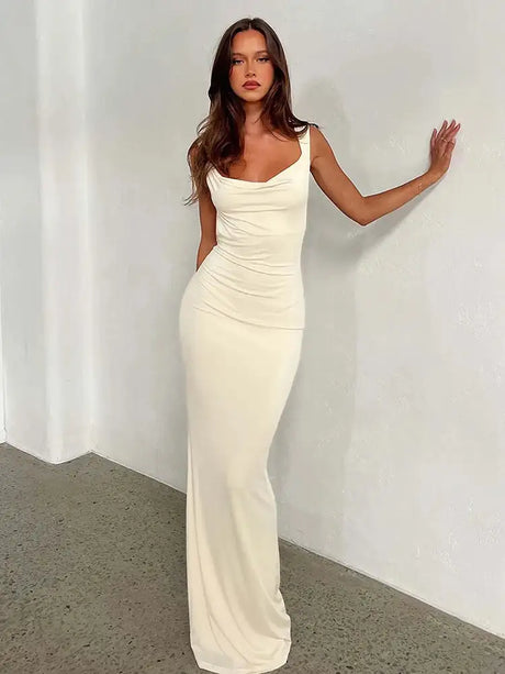 Sibybo Fashion Elegance Sleeveless Backless Long Dress Basics Solid Color Skinny Robe 2024 Temperament Women Club Party Dresses - Lootquake