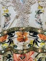 Women V Neck Lace Embroidery Patchwork Silk Floral Print Lantern Sleeve A-line Maxi Long Dress - Lootquake