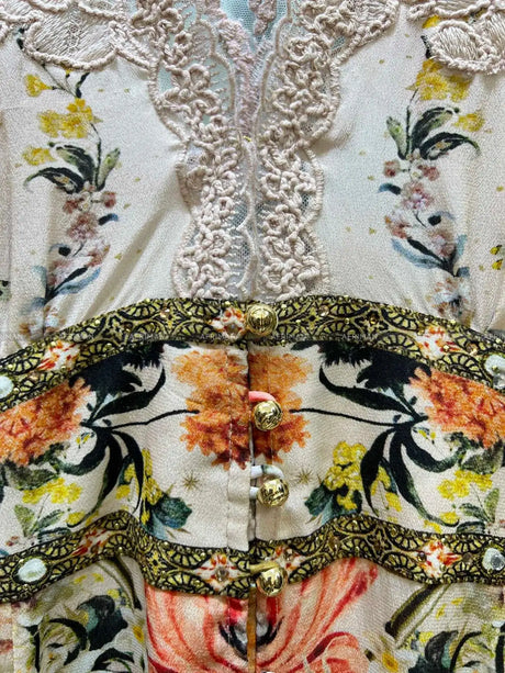 Women V Neck Lace Embroidery Patchwork Silk Floral Print Lantern Sleeve A-line Maxi Long Dress - Lootquake
