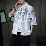 Men Chinese Style Hanfu Shirt Mens loose Tops Tang Suit Bamboo Printing Traditional Kung Fu Shirts Male Casual Shirts M-XXXXXL - Lootquake