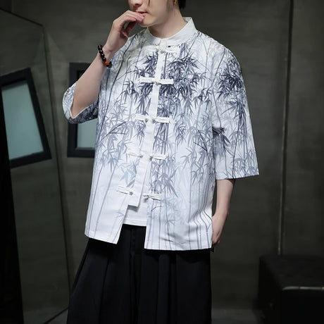 Men Chinese Style Hanfu Shirt Mens loose Tops Tang Suit Bamboo Printing Traditional Kung Fu Shirts Male Casual Shirts M-XXXXXL - Lootquake