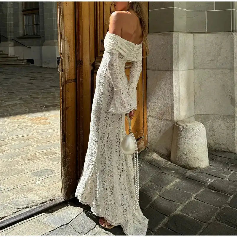 Lace Hollow Out One-shoulder Slim Long Dress For Women Solid Lace Up Waistless Dresses 2024 Chic Sexy Female Party Date Robes - Lootquake
