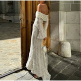 Lace Hollow Out One-shoulder Slim Long Dress For Women Solid Lace Up Waistless Dresses 2024 Chic Sexy Female Party Date Robes - Lootquake