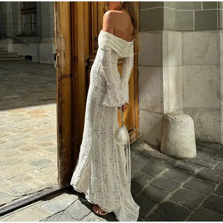 Lace Hollow Out One-shoulder Slim Long Dress For Women Solid Lace Up Waistless Dresses 2024 Chic Sexy Female Party Date Robes - Lootquake
