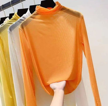 Neon Shirt for Women Long Sleeve Stand Collar Sheer Top Yellow Gold Mesh Blouse Sexy Party Club Streetwear Hip Hop Tee Tops - Lootquake