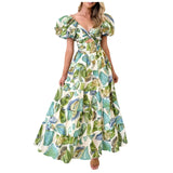 Summer V Neck Cutout Floral Print Dresses Elegant Women Puff Short Sleeve Casual Dress Pleated Waisted Swing Beach Long Dress - Lootquake
