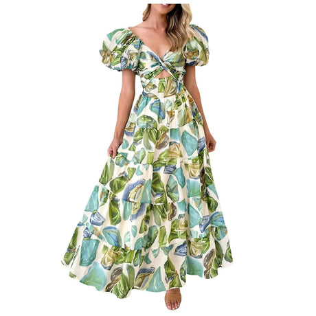Summer V Neck Cutout Floral Print Dresses Elegant Women Puff Short Sleeve Casual Dress Pleated Waisted Swing Beach Long Dress - Lootquake