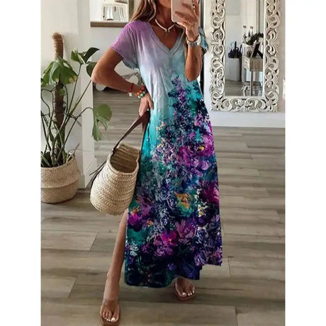 2024 Vintage Floral Elegant Maxi Dress For Women Summer Fashion V Neck Short Sleeve Split Boho Long Dress Party Beach Dresses - Lootquake