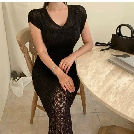Summer High Quality Korean Simple Hollow Out Vest Knit Sweater Dress Women Japanese Gentle V-Neck Slim Elastic Knit Long Dress - Lootquake
