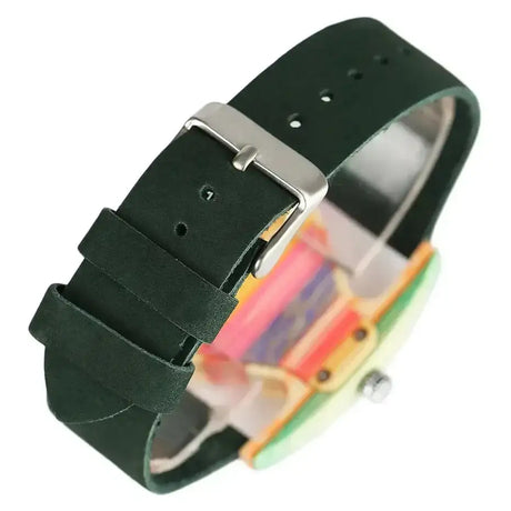 Unique Triangle Women's Wood Watch Creative Colorful Lady Green/ Red Genuine Leather Wristwatch Elegant Womens Watches Top Gifts - Lootquake