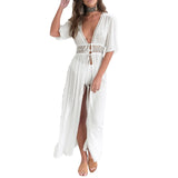 Summer Sexy Hollow Out Beach Tunic Pareo White V Neck Cover Up Long Dress Bikini Cover Up  Swimwear Bathing Suit Beachwear - Lootquake