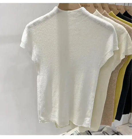 Half High Collar T-shirts Flying Sleeve Design Slim Knitted Sleeveless Top Women Simple Comfortable White T-shirts Summer 2025 - Lootquake