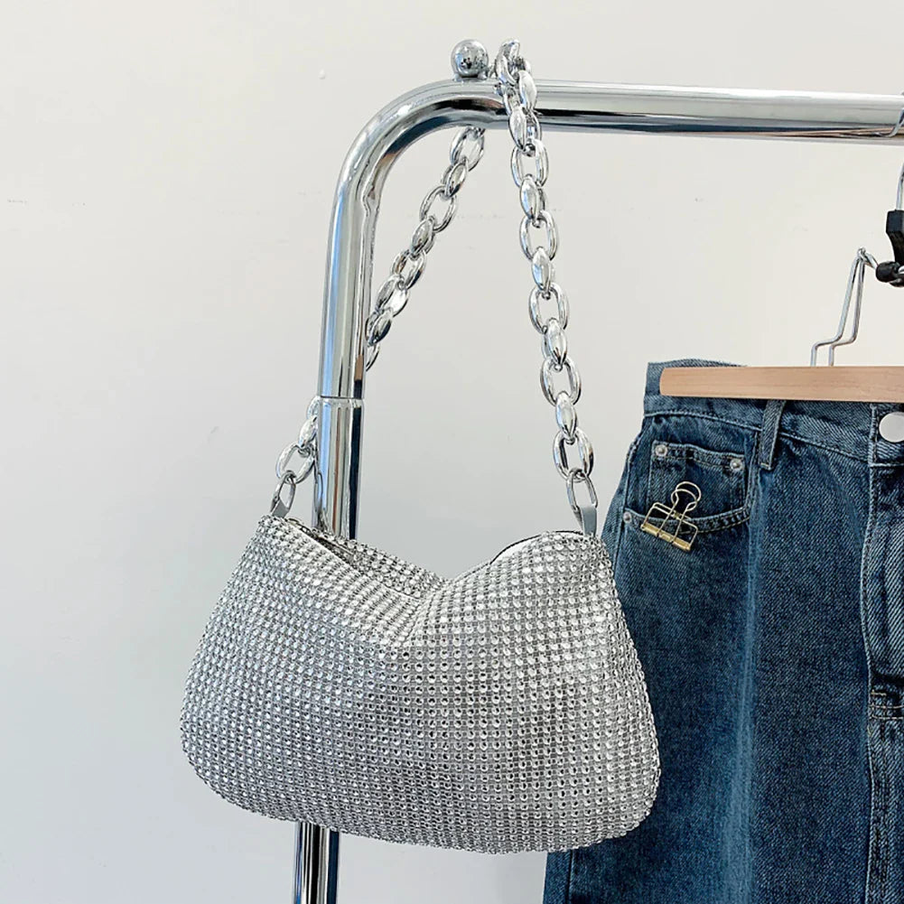 Bling Rhinestone Evening Clutch Bag | Women's Korean Designer Diamond Chain Dinner Party Handbag (Lady Square Tote Shoulder Bag)