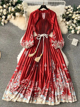 Spring Holiday Print Long Dress For Women Fashion Loose Lantern Sleeve Party Robe Female Big Swing Tassels Belt Pleated Clothes