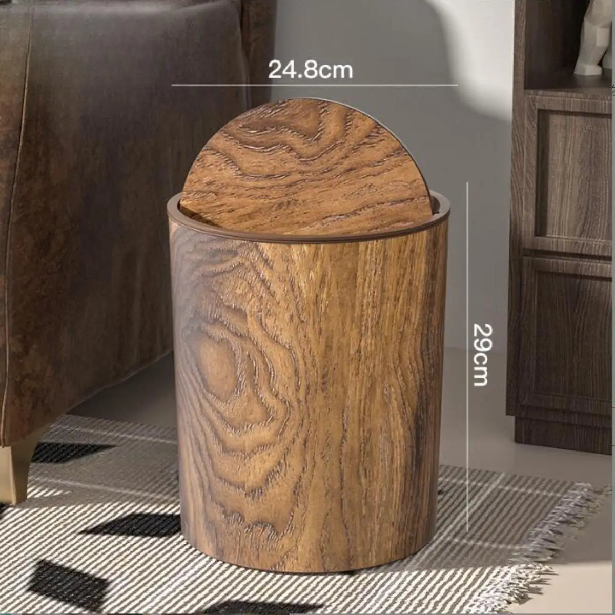 Papelera redonda multiusos con imitación de madera, con tapa creativa y tapa agitable para oficina, hogar y dormitorio.