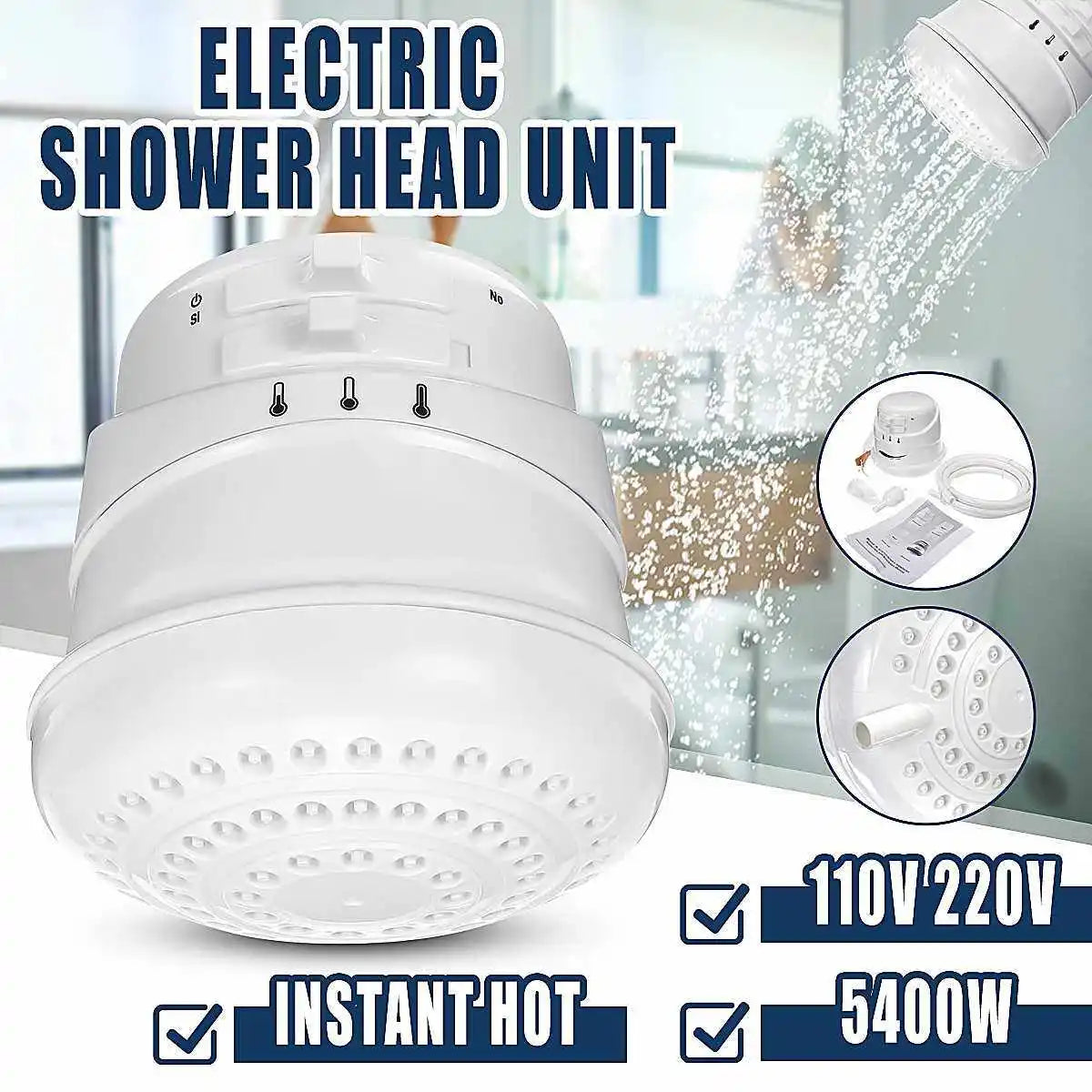 Ducha eléctrica de 2 m, 5400 W, calentador de agua instantáneo sin tanque, 3 temperaturas ajustables, portátil, 110 V/220 V