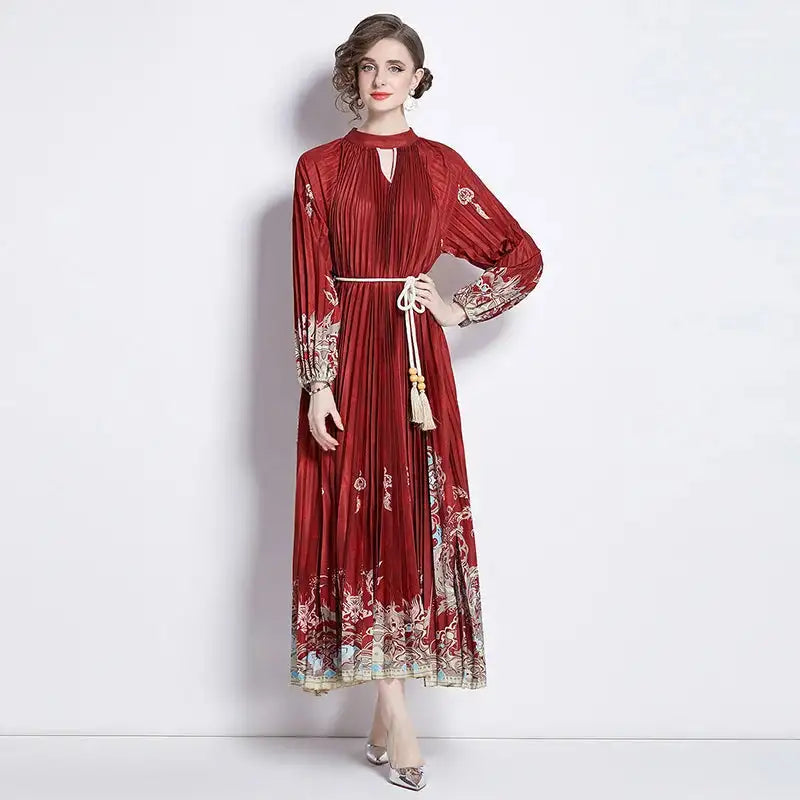 Spring Holiday Print Long Dress For Women Fashion Loose Lantern Sleeve Party Robe Female Big Swing Tassels Belt Pleated Clothes