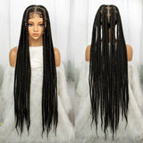 34" Knotless Box Braids Full Lace Wig | Long Black Synthetic Braids | Transparent Lace