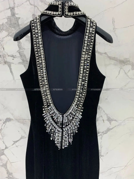 Women Heavy Rhinestone Bead Sexy Backless High Neck Waist Bag Hip Slimming Velvet Long Dress - Lootquake