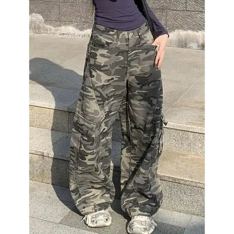 Autumn Winter New Low Rise Jeans Y2k Ladies American High Street Baggy Pants Woman Camouflage Drawstring Mop Jeans for Women - Lootquake