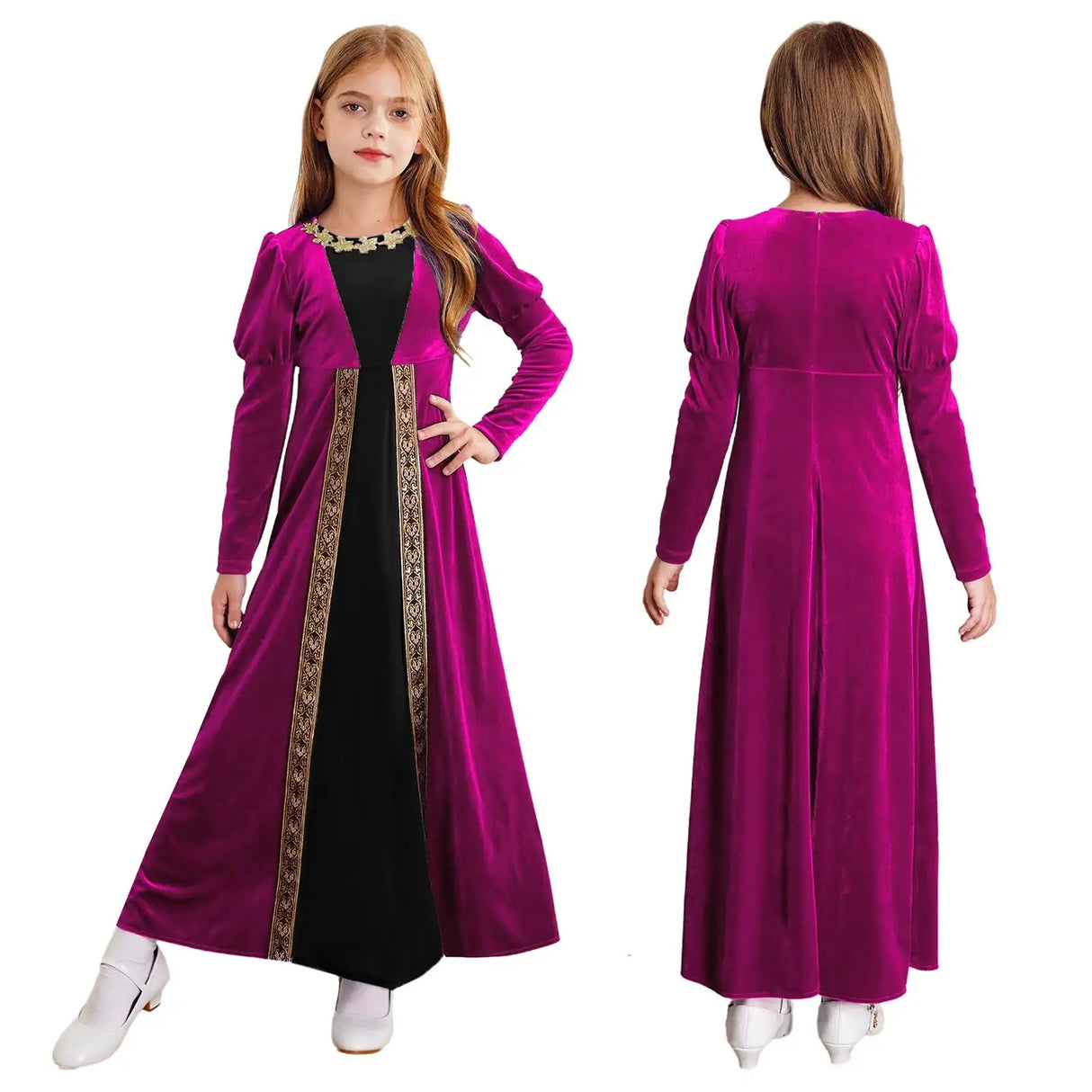 Girls Velvet Medieval Princess Dress Long Sleeve Renaissance Retro Robe Ancient Roman Long Dress for Halloween Carnival Party