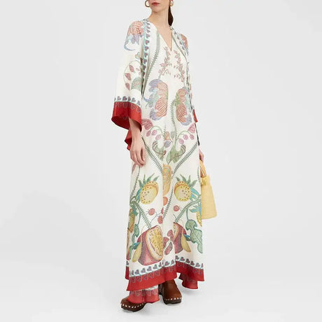 Ethnic Retro Spring Print Boho Long Dress Women Sexy Stand Collar Lace-up Party Dress Fall Long Sleeve Loose Ladies Maxi Dresses - Lootquake