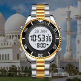 SKMEI 2141 Stainless Steel Digital Watche Muslim Azan Prayer Compass Clock Adhan Alarm Hijri Islamic Wristwatch with Back Light - Lootquake