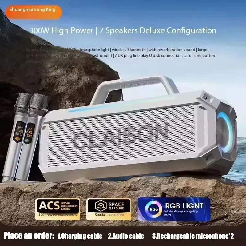 Enceinte Bluetooth sans fil haute puissance 300 W, portable, étanche IPX6, idéale pour les fêtes en extérieur.