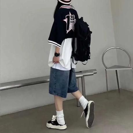 High Street Retro Blue Jeans Shorts Women Summer New Baggy Wide Leg Denim Half Pants Fashion Streetwear Y2k Clothing Oversize - Lootquake