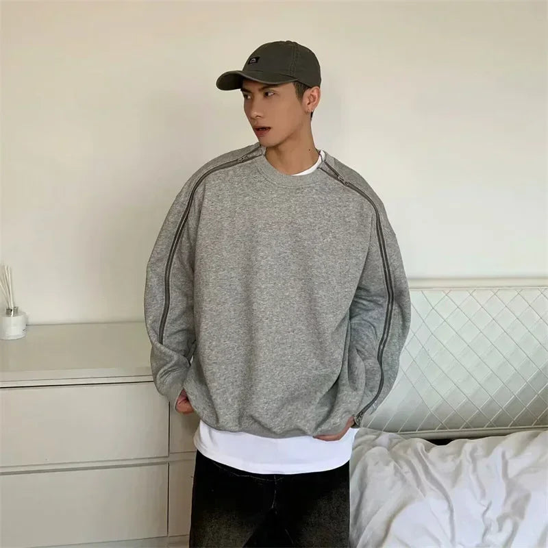 Autumn Zipper Design O-neck Sweatshirts Men's New Y2K Vintage Streetwear Gray Pullover Hoodies Loose Hip Hop Fashion Sweat-shirt - Lootquake
