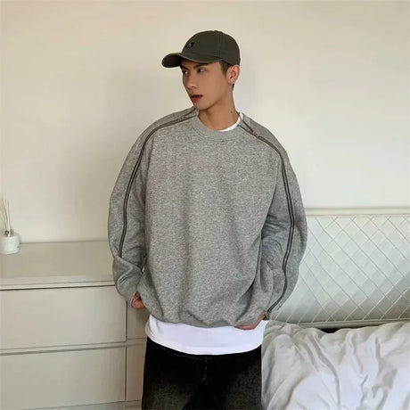 Autumn Zipper Design O-neck Sweatshirts Men's New Y2K Vintage Streetwear Gray Pullover Hoodies Loose Hip Hop Fashion Sweat-shirt - Lootquake
