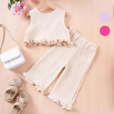 Summer Kids Cotton Casual 2pcs Toddler Girls Solid Color Sleeveless Top + Ruffle Pants Set Comfortable Fashion Hot Sale - Lootquake
