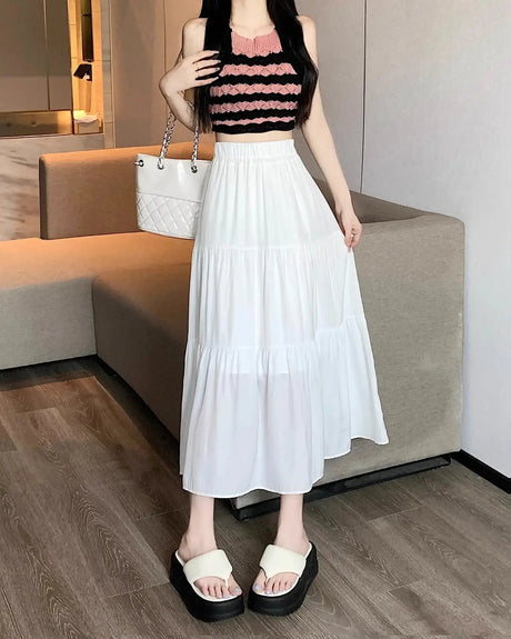 Spring 2024 New Women's Petite Black Umbrella Skirt High-waisted A- line White Dress Long Dress Drape Sense - Lootquake
